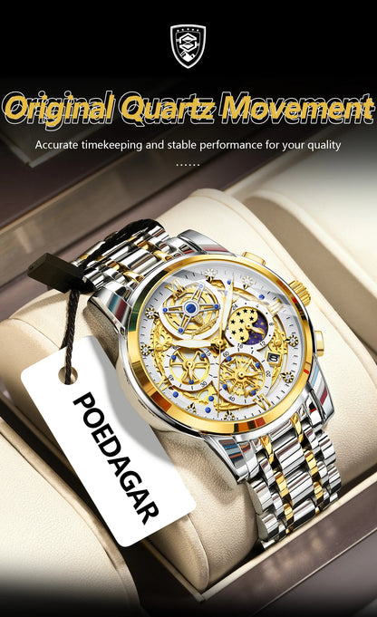 POEDAGAR Top Fashion Men's Watches Stainless Steel Date Chronograph Business Quartz Men Wristwatch Waterproof Luminous Man Watch