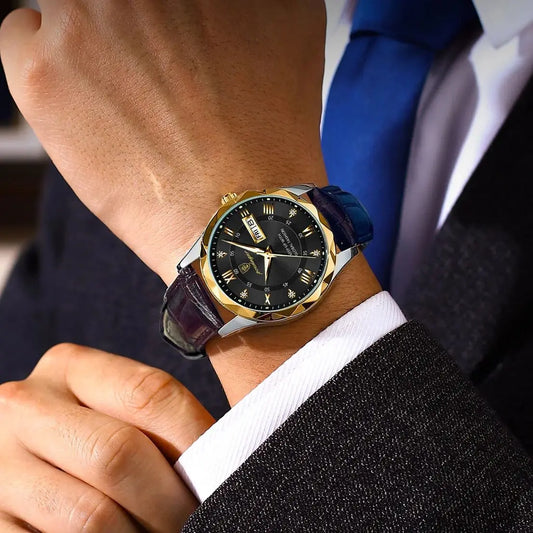 Reloj para hombre POEDAGAR, modelo original de lujo: resistente al agua, luminiscente, con indicador de fecha y día. Reloj de cuarzo de estilo clásico y profesional, con correa de piel.