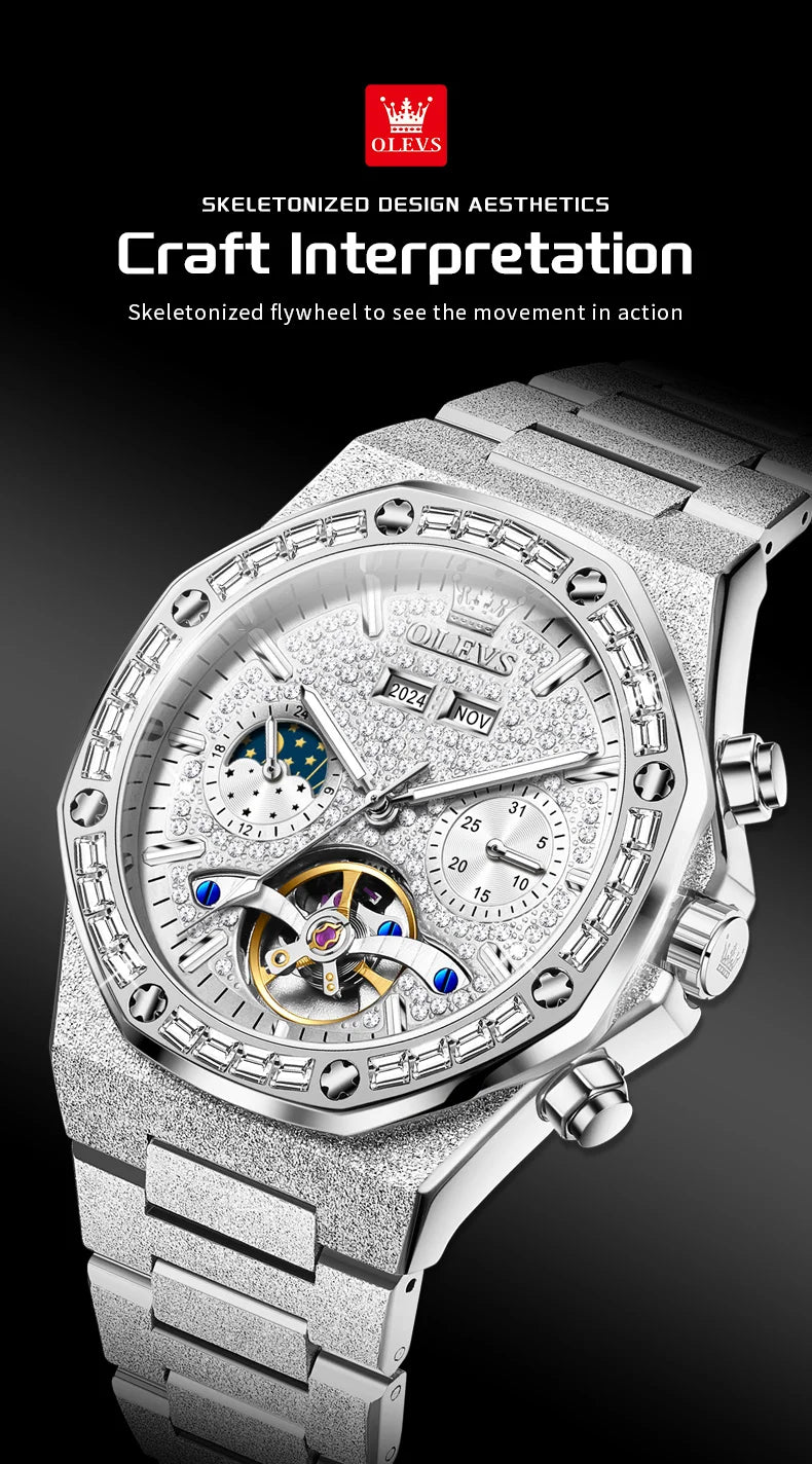 OLEVS 9805 Skeleton Automatic Man Watch Luxury Fashion Matte Texture Full Diamond Moon Phase Waterproof Mechanical Wristwatches