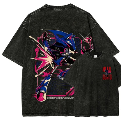 Classic Anime Manga Games Sonic Peripherals Print T-shirts Fashion Loose Casual Tee Men Women Retro Washed Cotton Tops