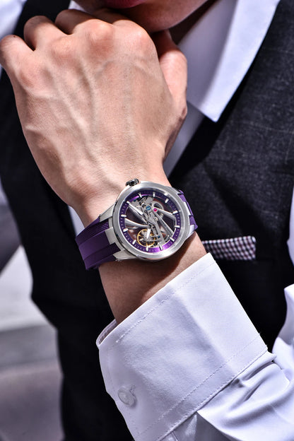 Ceas pentru bărbați PAGANI DESIGN – Model mecanic automat de lux, de tip „schelet” (cu mecanism expus), dotat cu un tourbillon, sticlă de safir cu tratament antireflex, rezistent la apă și luminescent.