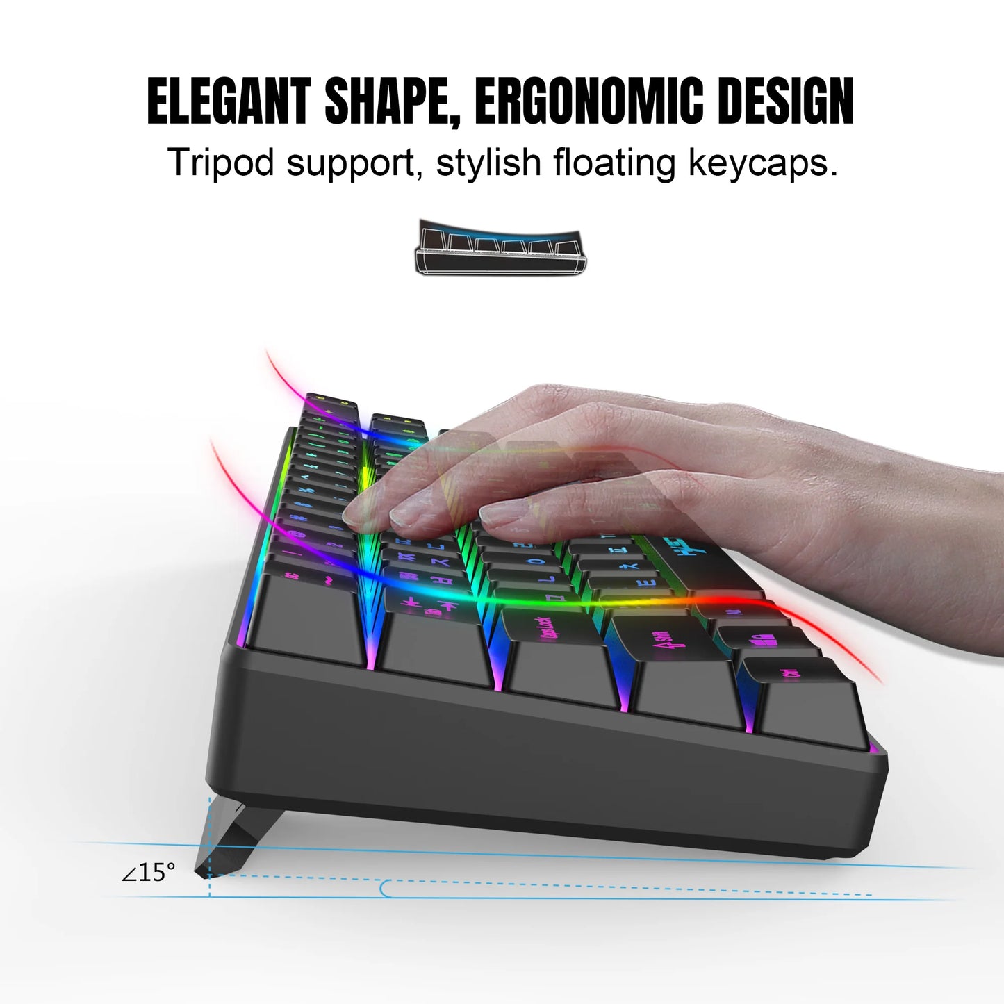 Teclado gaming coreano portátil HXSJ V200 de 68 teclas, teclado de membrana cableado para oficina con retroiluminación RGB al 65% para PC de escritorio y portátiles