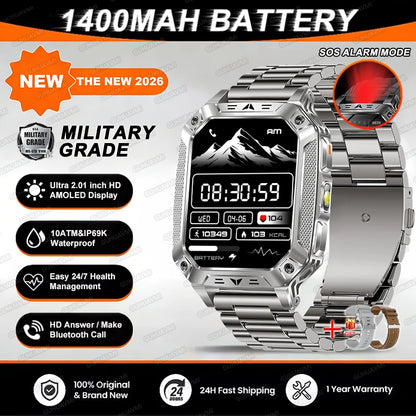 2026 TANK New 1400mAh Military GPS Smart Watch Men 2.01" AMOLED Screen 10ATM Waterproof Clock SOS Call Flashlight Smartwatch iOS