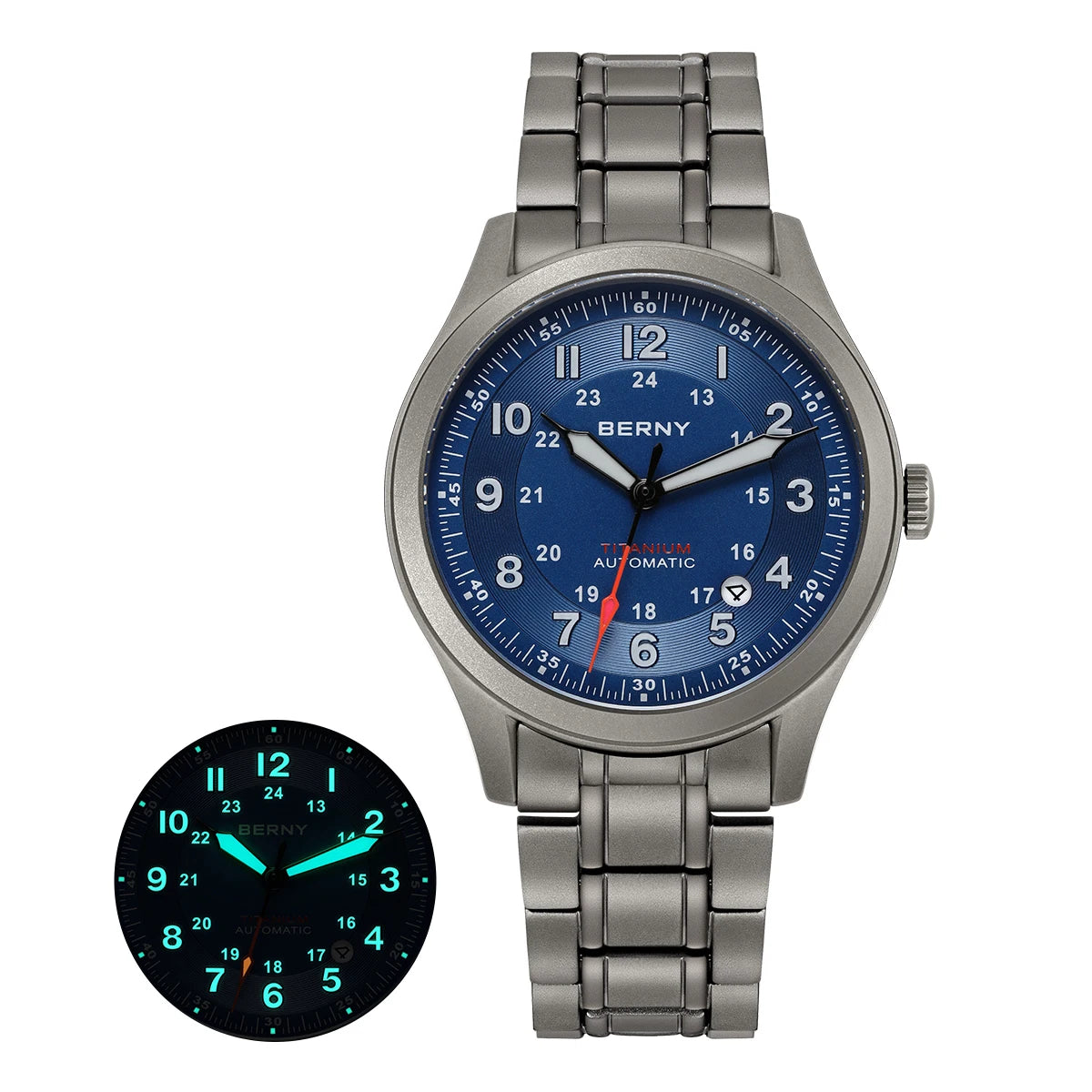 BERNY Automatic Full Titanium Watches for Men Sapphire Super Luminous Mechanical Field Watch Date 10ATM Sports Easy Read