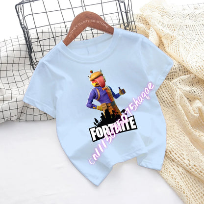 T-shirts de Criança Fortnite com Estampado de Figuras Cartoon do Jogo Fortress Night, Tops de Manga Curta para Verão, Roupa para Rapazes e Raparigas