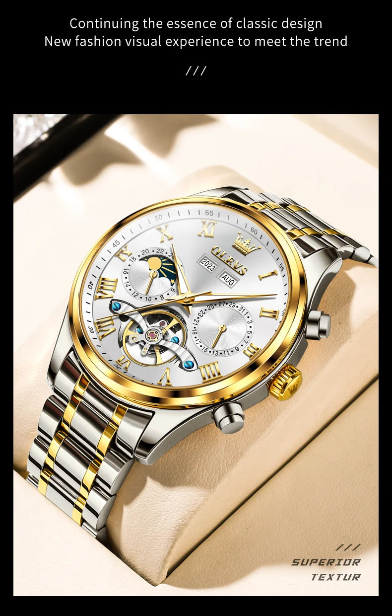OLEVS 7005 Classic Business Mechanical Wristwatch for Man Skeleton Flywheel 24 Hour Moon Phase  Calendar Luxury Men's Watch