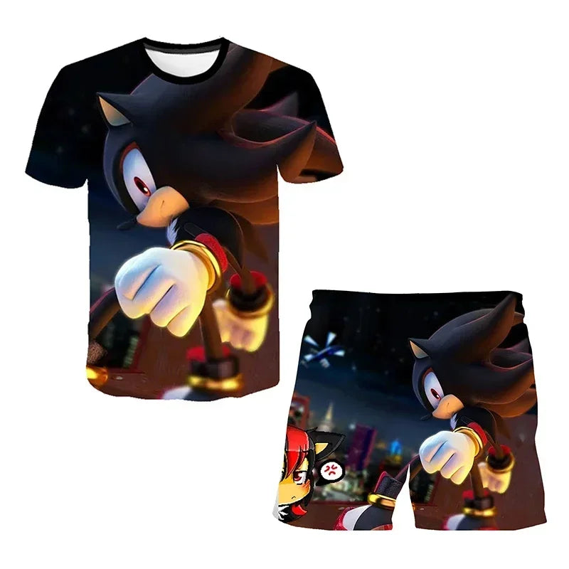 Fashion 3D Anime Children's T-shirt Set Sonic The Hedgehog Top Short Sleeve + Shorts Two-piece Set Girls Boys Cosplay Costume