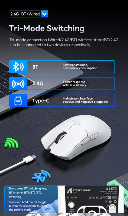 ATTACK SHARK X11 Gaming Mouse and X11 SE Wireless Mouse 22000 DPI, PAW3311 Sensor, BT/2.4G/Wired, 59g Lightweight, 2000W Clicks