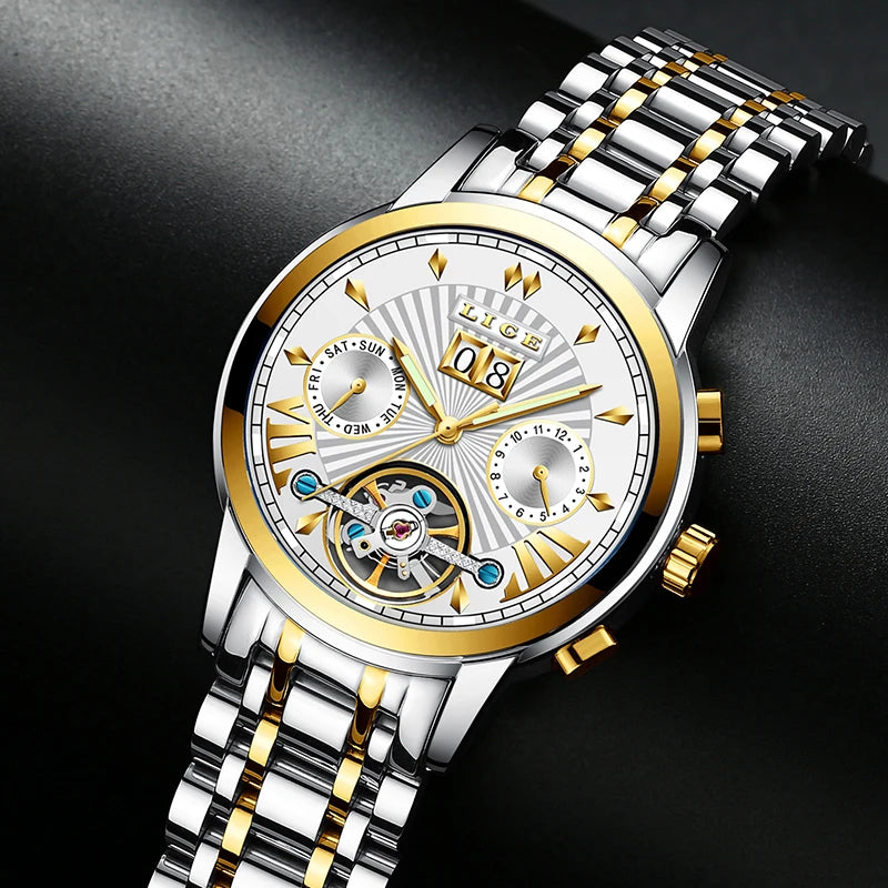 LIGE mekaniske automatiske armbåndsure til mænd – Luksuriøst ur i topklasse med tourbillon, elegant og vandtæt model, ideelt til arbejde eller formelle lejligheder.