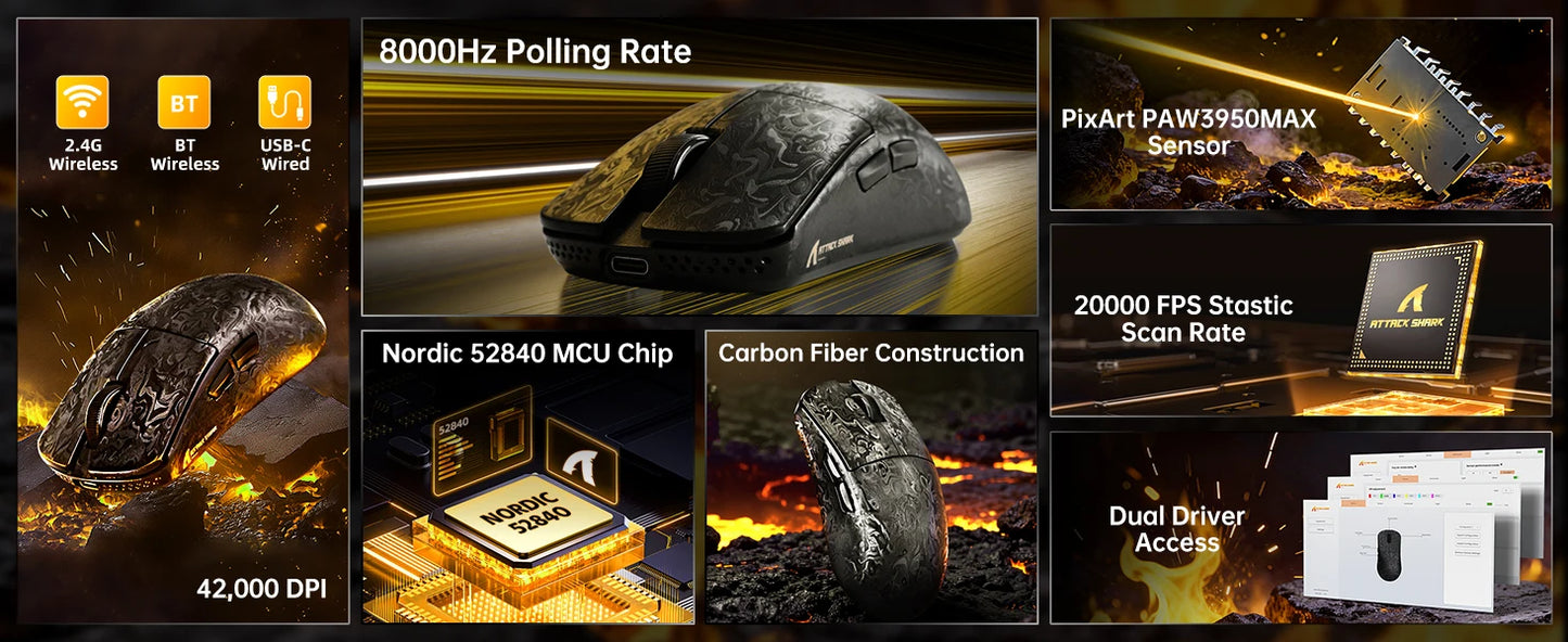 Rato Gaming Sem Fios ATTACK SHARK R11 ULTRA em Fibra de Carbono, 8000Hz, PAW3950MAX, 42000DPI, Leve 49g, 20000FPS, Nordic 52840