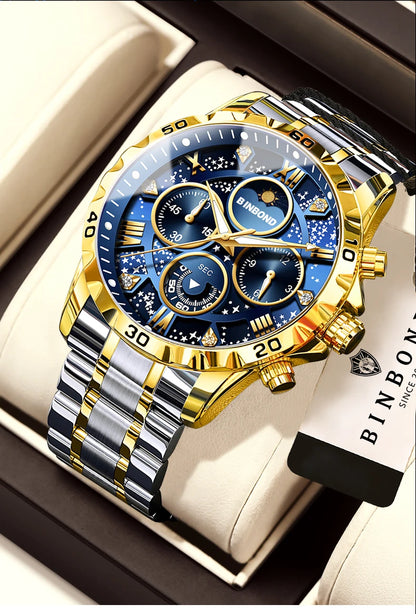 Montres à quartz de marque originale BINBOND pour hommes, montre chronographe de luxe lumineuse en acier inoxydable pour hommes, montre élégante pour hommes