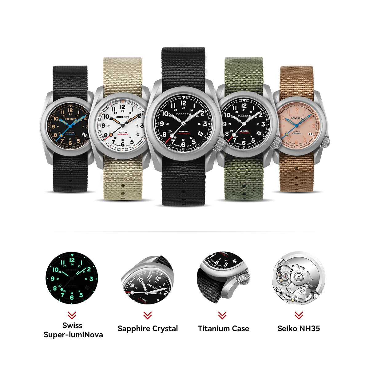 Boderry Field Watch VOYAGER Men's Watches 100M Waterproof Titanium Automatic Luminous For Seiko Movement Wristwatch