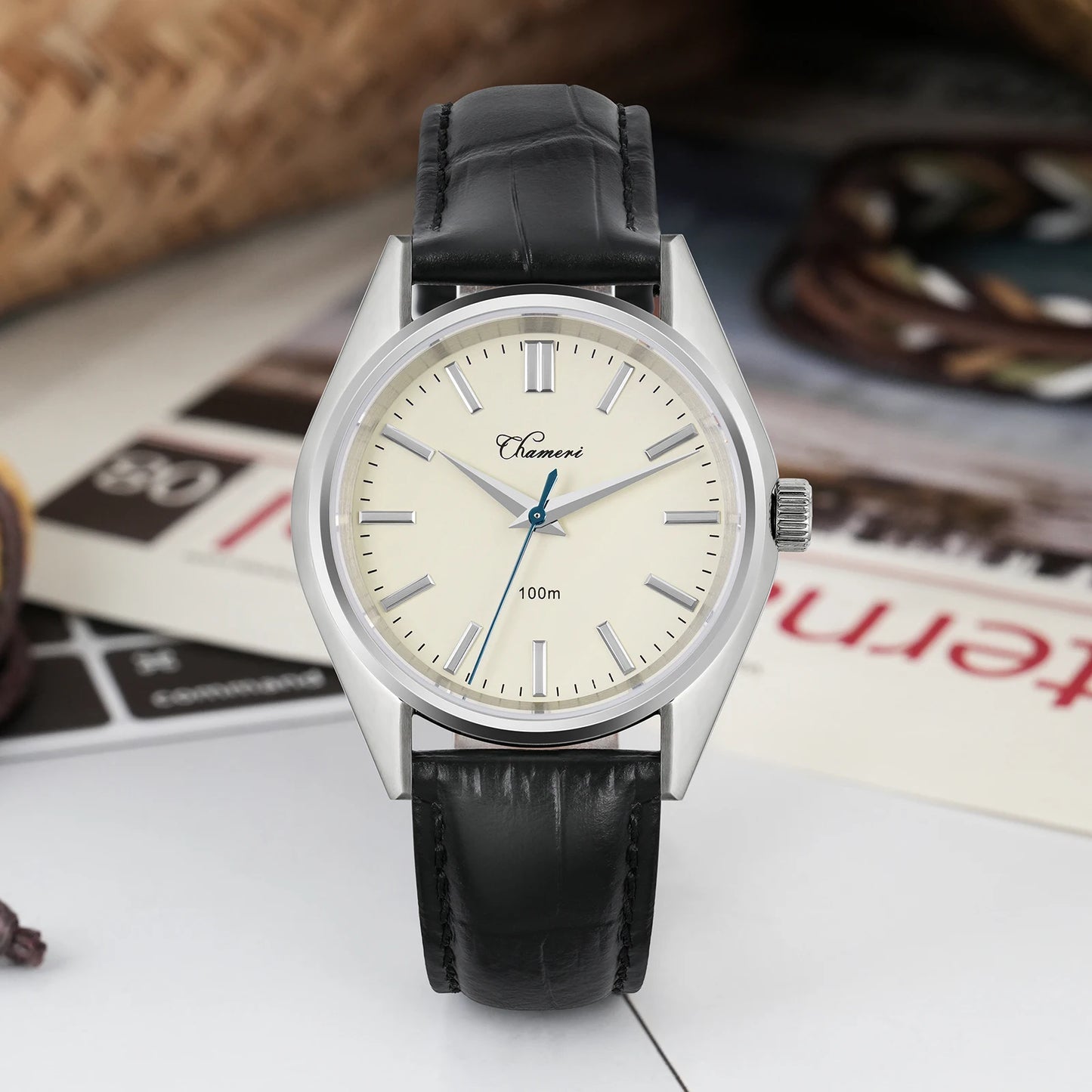 Watchdives Chameri GS04 Quartz Watches VH31 Movement Sapphire Crystal Ar 100M Waterproof Black Leather 37mm Vintage Wristwatches