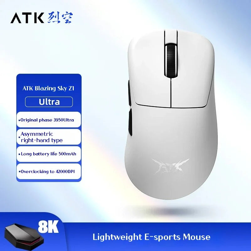 Mouse gaming wireless ATK Z1 Pro Max Ultra con piedini personalizzati, PAW3950, Ultra Smart Speed Wireless, polling rate 8k, latenza ridotta 0.39ms