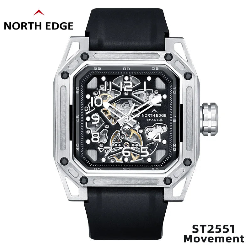 NORTH EDGE Men's Mechanical Watches Stainless Steel Skeleton Automatic Watch For Men Waterproof 100M Seagull's Movement Space X
