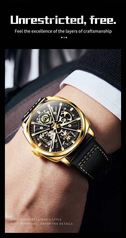 OLEVS 6685 Men's Watches Mechanical Wristwatch 30m Waterproof Luminous Leather Strap Original Man Watch