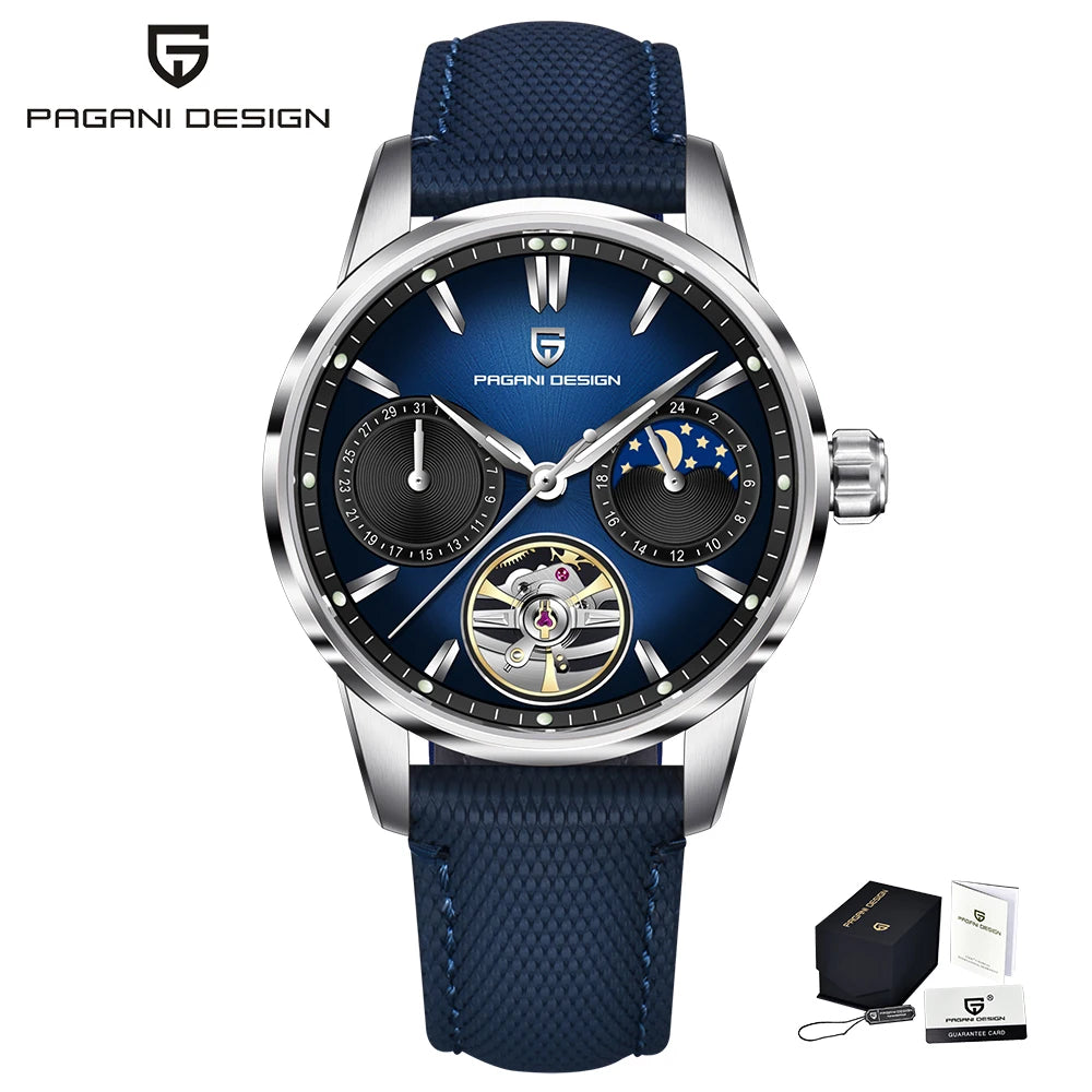 PAGANI DESIGN – Mekanisk lyxklocka för män, 41 mm, safirglas, läderarmband, vattentät, pilotstil, med tourbillon och månfas