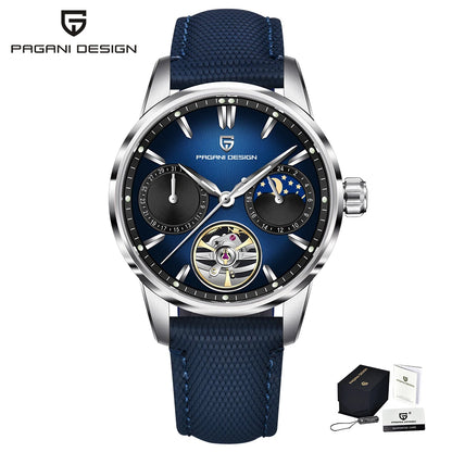PAGANI DESIGN – Mekanisk lyxklocka för män, 41 mm, safirglas, läderarmband, vattentät, pilotstil, med tourbillon och månfas