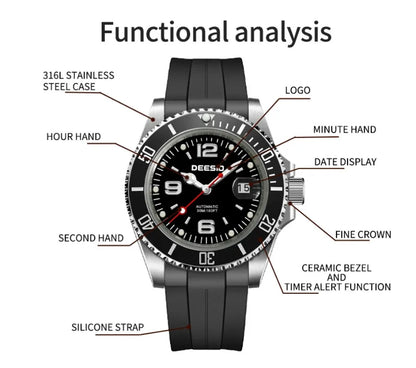 DEESIO Men's Automatic Mechanical Watch Stainless Steel Luminous Date Sports Casual Luxury Watch Gift for Men Sapphire Crystal