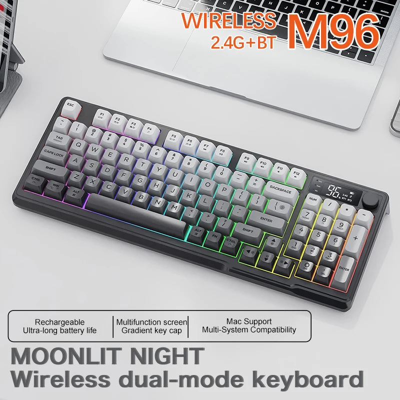 M96 Bluetooth Wireless Keyboard FREEWOLF Digital Display, RGB Backlight, 2000mAh Battery & PBT Keycaps for PC/Laptop