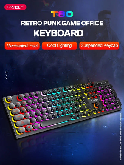 T80 Gaming Mechanical Feel Keyboard Wired 104 Keys Keyboard USB Retro Punk Game Office Suspended Keycap Cool RGB Lighting Effect
