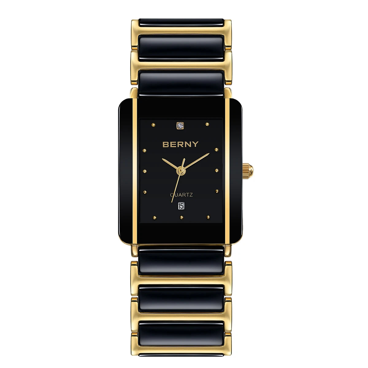 BERNY Ceramic Quartz Men Watch Fashion Luxury Rectangle Wristwatch XV12 Waterproof Calendar Diamon Black Gold Couple Gifts Watch
