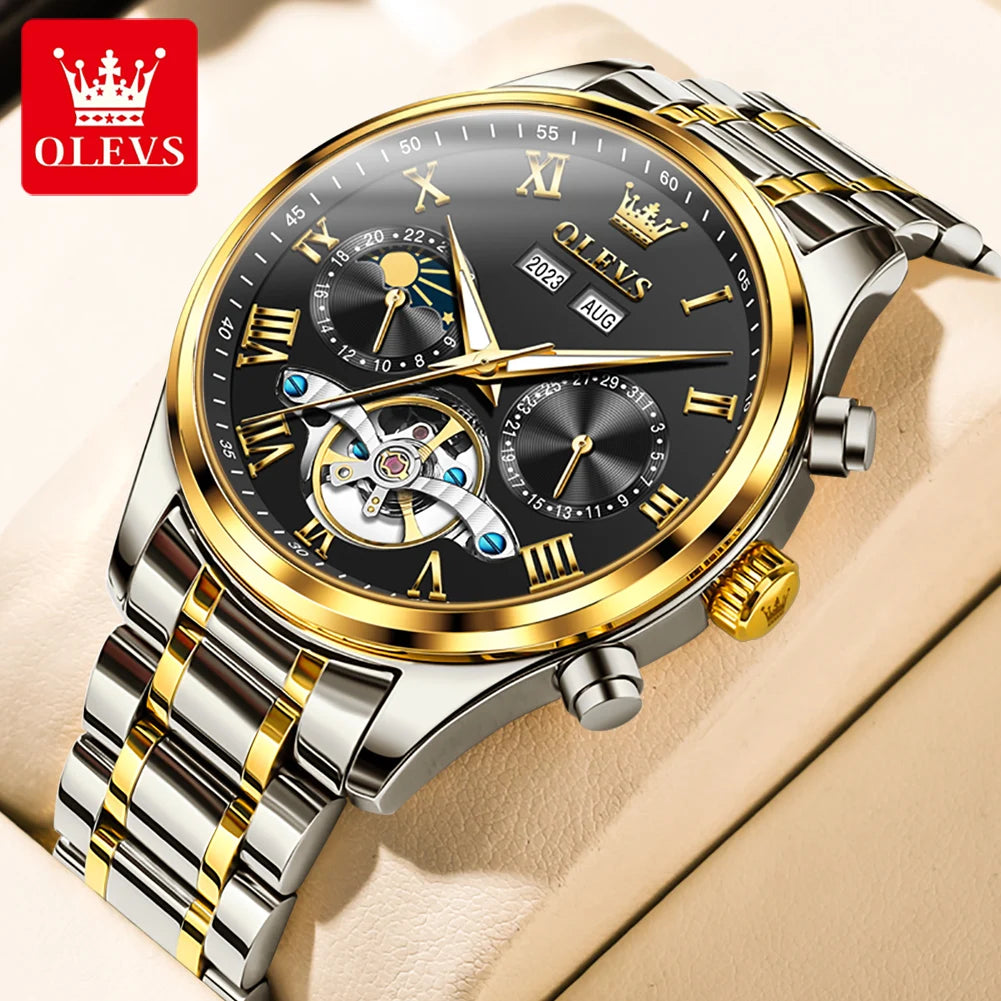 OLEVS 7005 Classic Business Mechanical Wristwatch for Man Skeleton Flywheel 24 Hour Moon Phase  Calendar Luxury Men's Watch