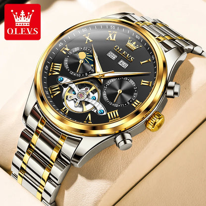 OLEVS 7005 Classic Business Mechanical Wristwatch for Man Skeleton Flywheel 24 Hour Moon Phase  Calendar Luxury Men's Watch