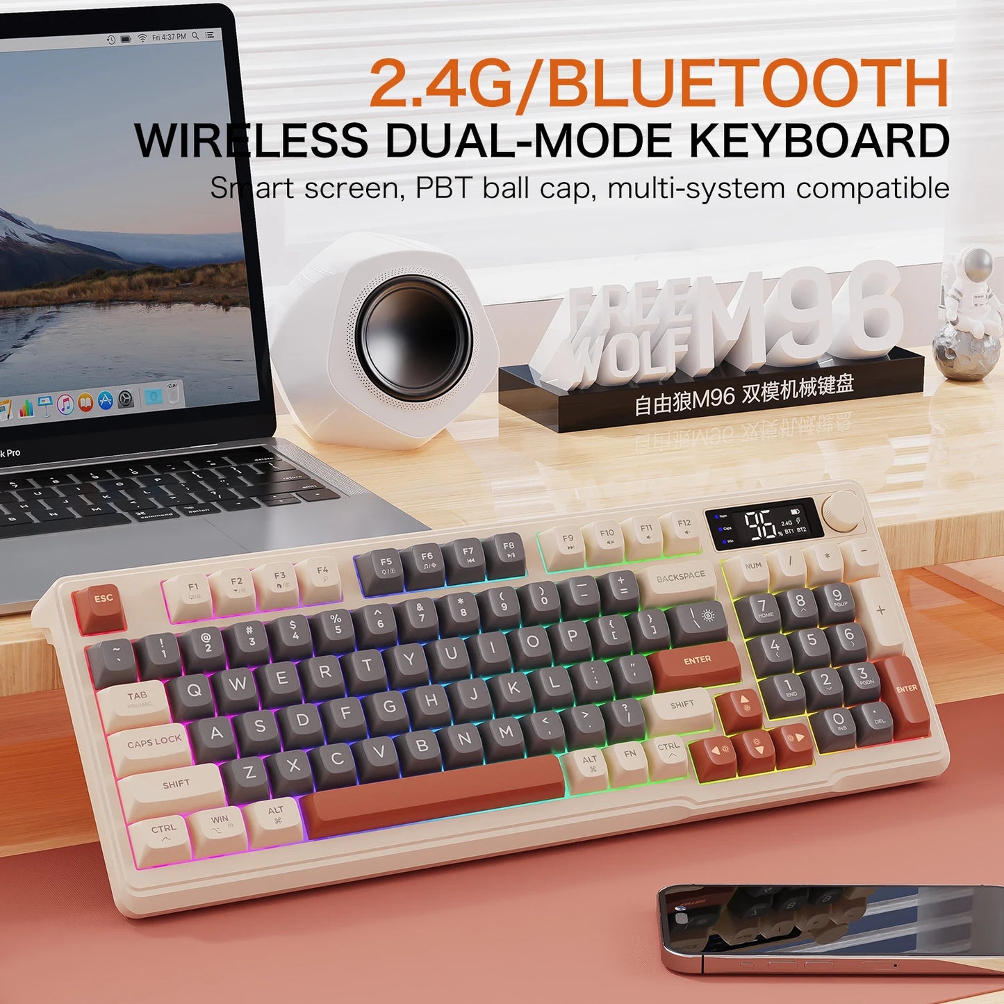 M96 Bluetooth Wireless Keyboard FREEWOLF Digital Display, RGB Backlight, 2000mAh Battery & PBT Keycaps for PC/Laptop