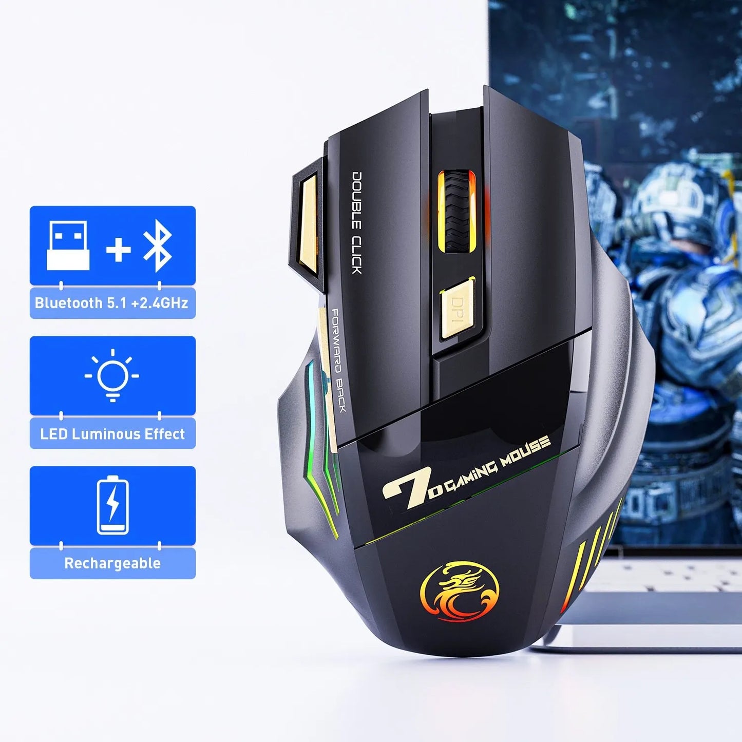 Mouse gaming wireless USB IMICE GW-X7 3200DPI dual mode ricaricabile, 7 tasti, 2.4Ghz, silenzioso, Bluetooth, LED breathing a 7 colori
