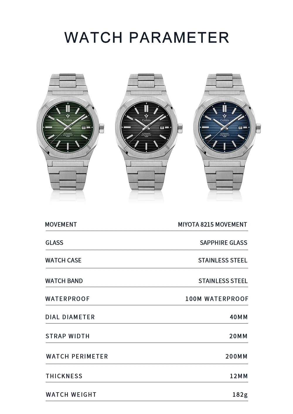 CADISEN Watch for Men Luxury Automatic Men Miyota 8215 Movement Sapphire Crystal 42mm Dial 100m Waterproof Wristwatches C8200