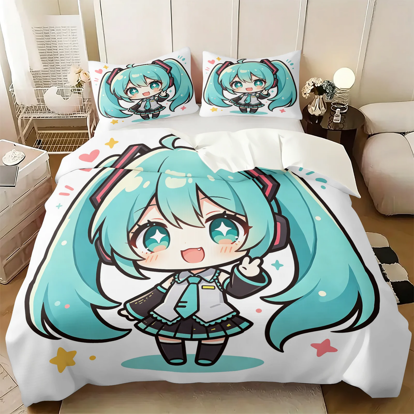 Hatsune Miku Chibi Style Duvet Cover Set Cute Anime Bedding with Pillowcases Gaming Room Teens Kids Bedroom Decor Gift for fans