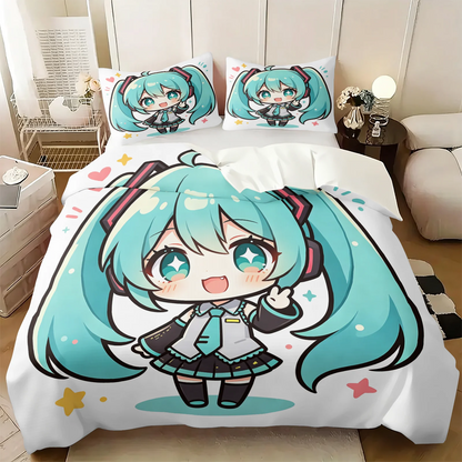 Hatsune Miku Chibi Style Duvet Cover Set Cute Anime Bedding with Pillowcases Gaming Room Teens Kids Bedroom Decor Gift for fans
