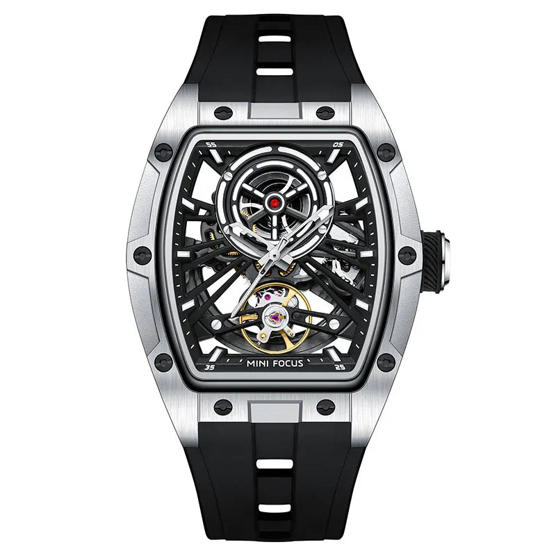 MINI FOCUS Men's Wristwatch Fashion Black Waterproof Automatic Mechanical Watch with Luminous Hands Silicone Strap Tonneau Dial