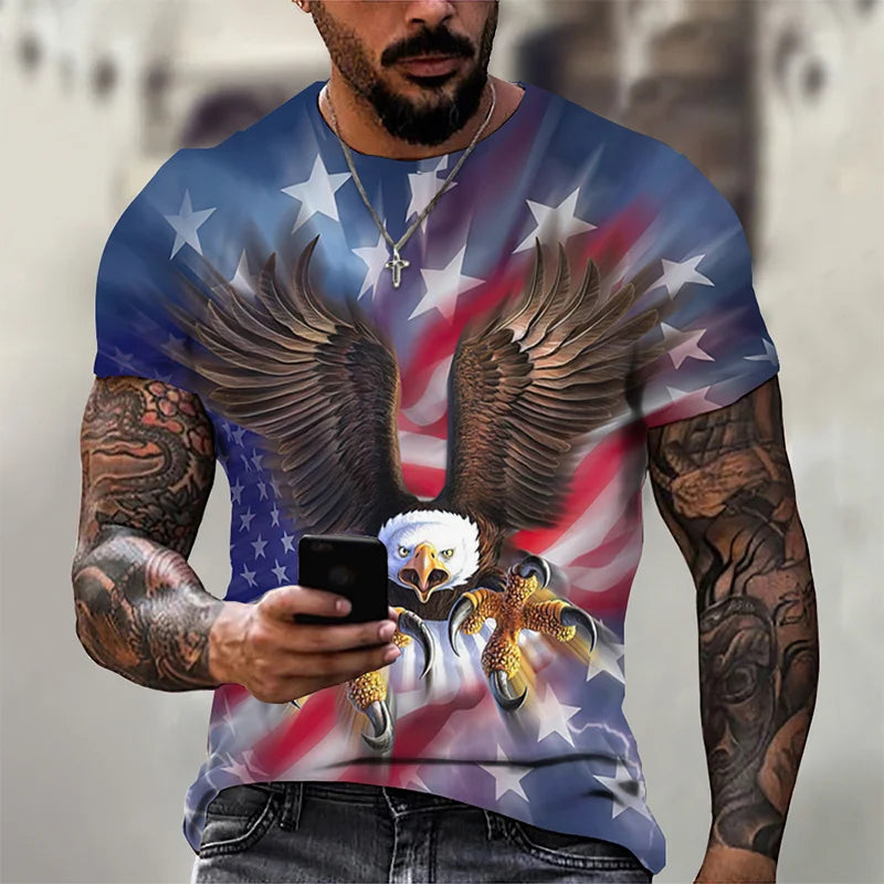 T-shirt para Homem com Águia Divertida Estampada em 3D, T-shirts com Padrão Animal Cool, Verão Harajuku, Corte Largo, Gola Redonda, Manga Curta, T-shirts para Criança