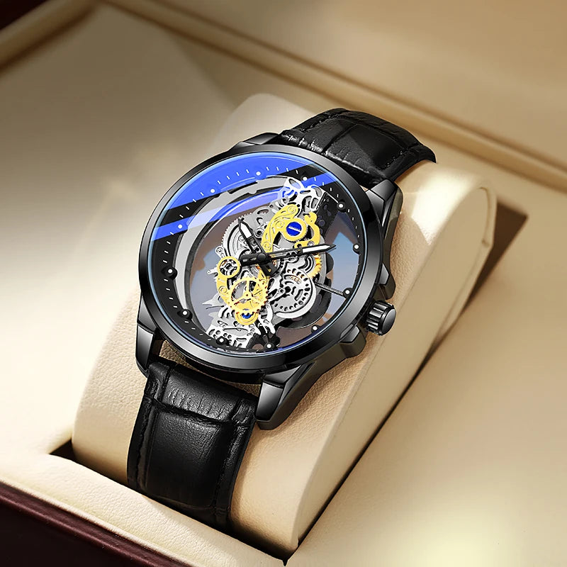 TPW Men’s Luxury Black & Gold Skeleton Quartz Watch Fashion Wristwatch