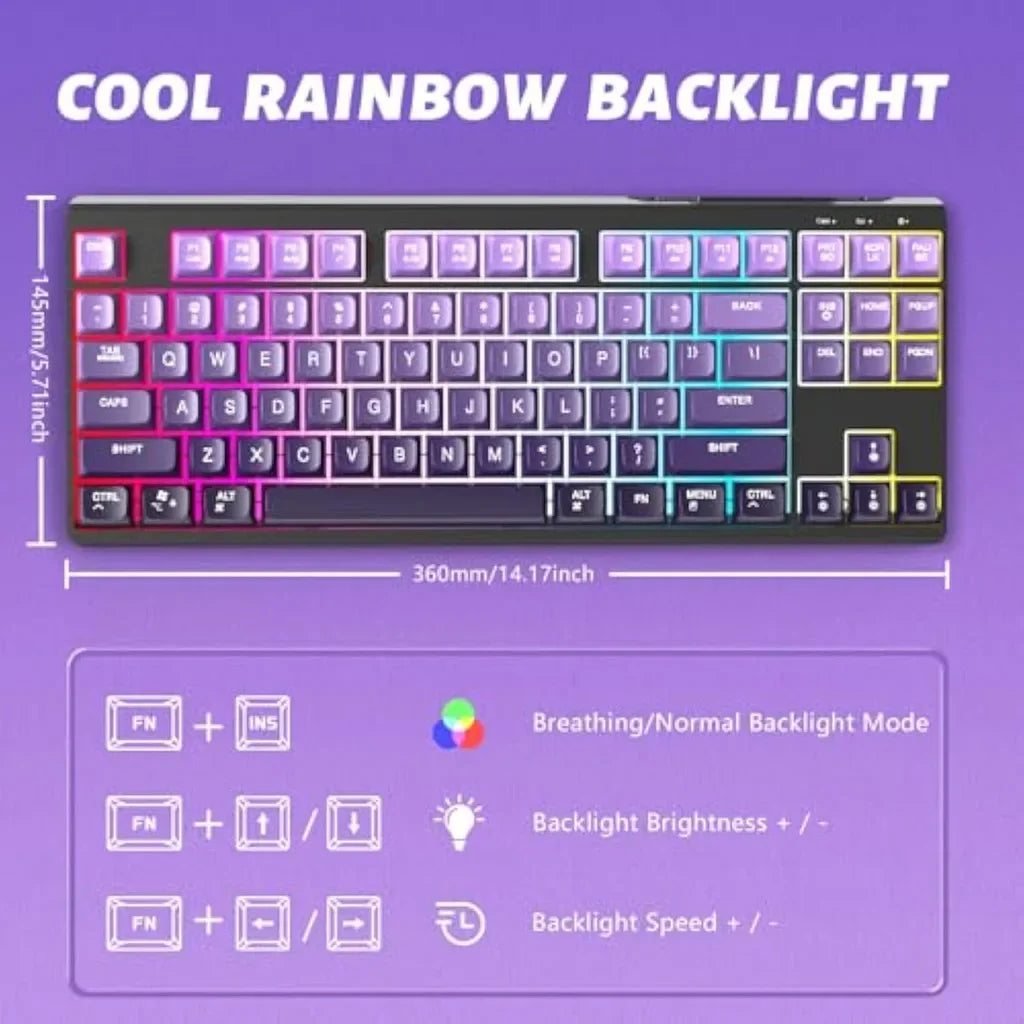 Teclado Gaming Sem Fios Free Wolf M87 75% - Switches Silenciosos, Retroiluminação Rainbow, BT/2.4G, Teclas PBT em Degradé, Design Compacto