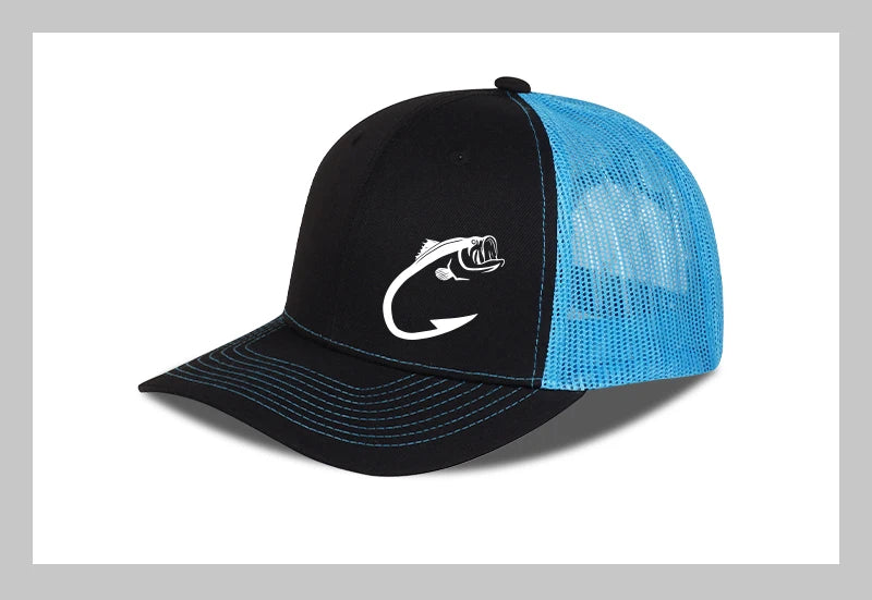 Trucker-kasket med bass-fiskekrog-print, justerbar, unisex, mesh, til fiskeentusiaster, solhat