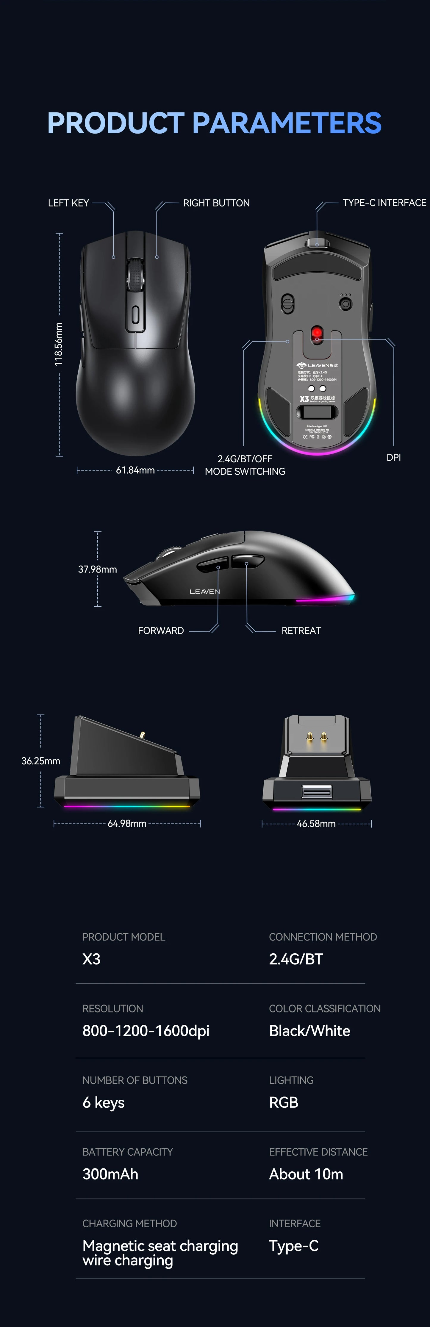 Dual-Mode Wireless Mouse | Magnetic Charging Dock | RGB Backlit | 3-Speed DPI (800-1200-1600) | 2.4G/BT | Suitable for Daily Use