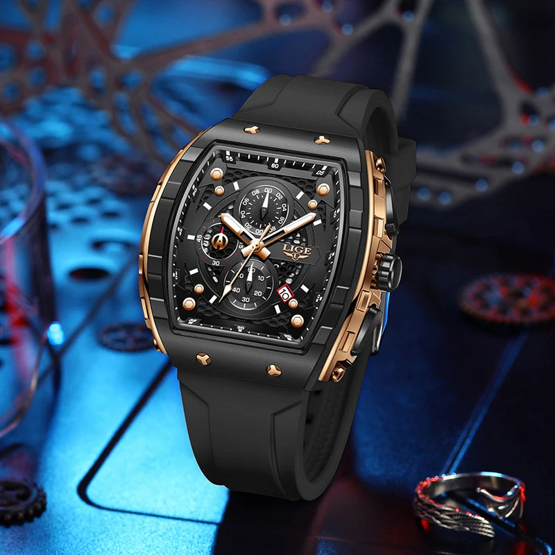 Relógio de Homem LIGE — Moda de Luxo, Impermeável, Bracelete em Silicone, Quartzo, Luminoso, Desportivo, Data Automática e Cronógrafo Simples