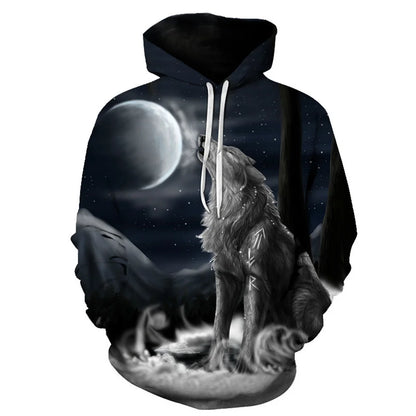European and American Hot-Sale 3D Printed Wolf Hoodie Fashion Long-Sleeved Cool Pullover Personality Animal Sweatshirt