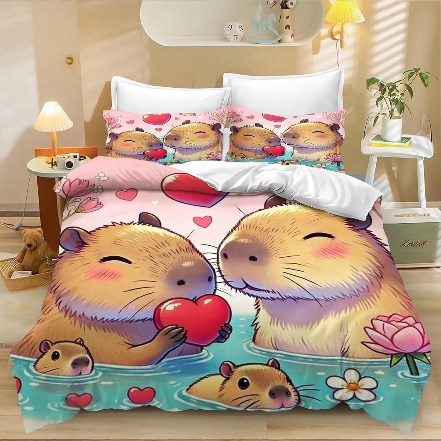 Conjunto de Capa de Edredão e Fronha com 4 Capivaras em Desenho Animado, Roupa de Cama Capivara para Adulto, Rapaz e Rapariga, Decoração de Quarto Infantil, Tamanho Individual e Duplo