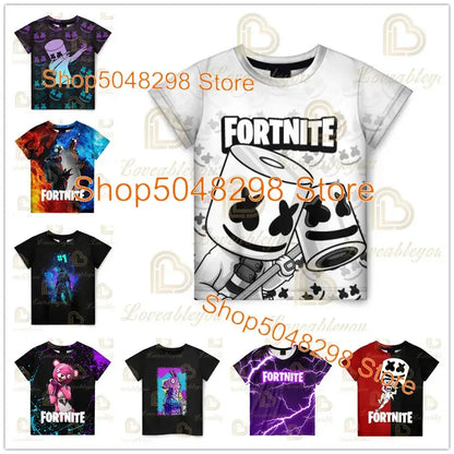 T-shirt infantil de verão Cartoon Fortnite com impressão 3D, para meninos e meninas, estilo streetwear, roupa para adultos e crianças, t-shirt divertida com gola redonda