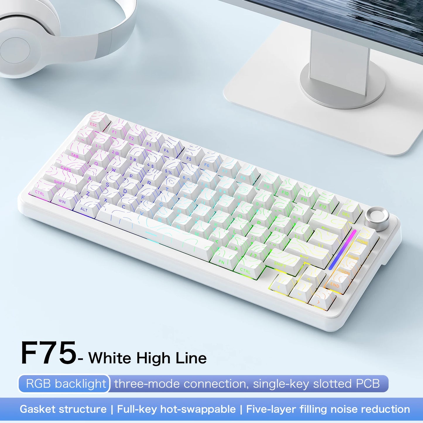 75% Hot Swap Gaming Keyboard Wireless FREEWOL F75 RGB Mechanical Keyboard with Metal Knobs AULA F75 Same Model, Tri-Mode, 4000 mAh