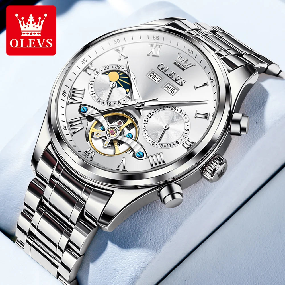 OLEVS 7005 Classic Business Mechanical Wristwatch for Man Skeleton Flywheel 24 Hour Moon Phase  Calendar Luxury Men's Watch