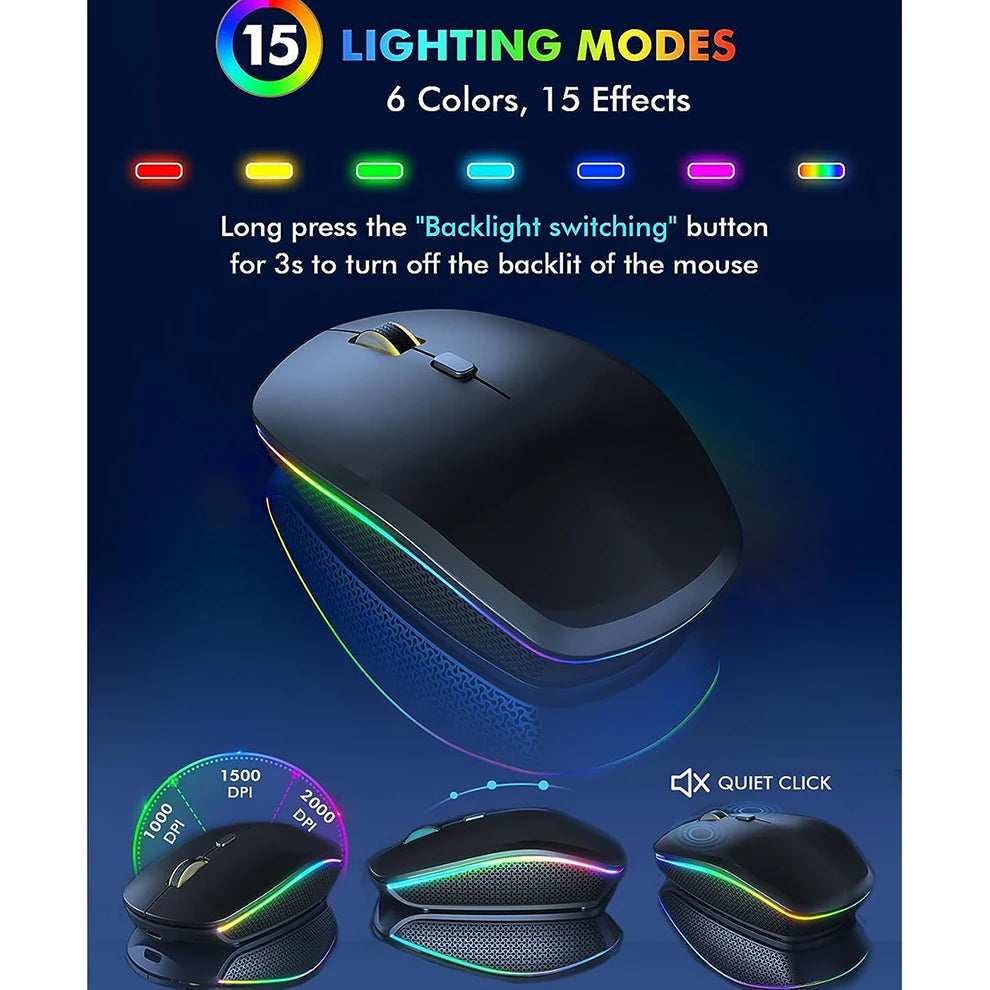 Combo tastiera e mouse wireless con retroilluminazione RGB, lettere illuminate ricaricabili, formato full-size, ergonomico, modalità sleep, 2.4GHz