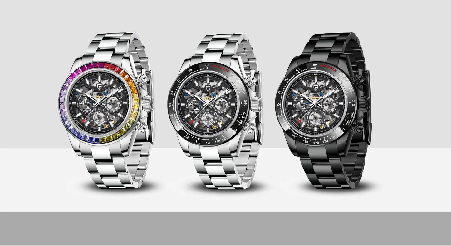 PAGANI DESIGN Personalized Men Automatic Mechanical Watch Colorful Gemstone Bezel Small Three-Pin Tachymeter Design Chronograph
