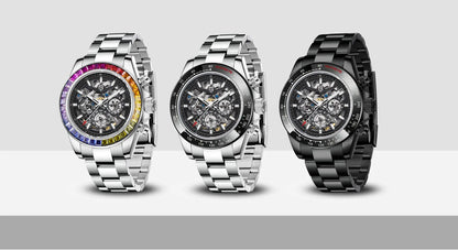 PAGANI DESIGN Personalized Men Automatic Mechanical Watch Colorful Gemstone Bezel Small Three-Pin Tachymeter Design Chronograph