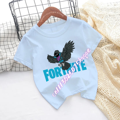 T-shirts de Criança Fortnite com Estampado de Figuras Cartoon do Jogo Fortress Night, Tops de Manga Curta para Verão, Roupa para Rapazes e Raparigas