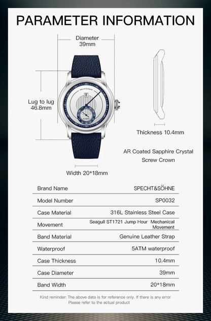 Novidade 2026 Relógio de Luxo Specht & Söhne Jump Hour Automático Mecânico para Homem, Cristal de Safira, Relógio de Pulso em Aço Inoxidável